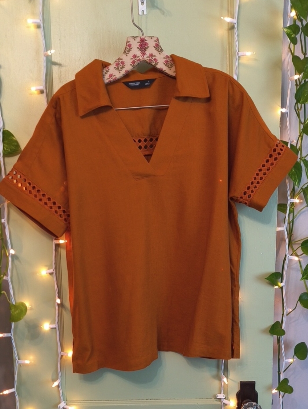 Women's Simply Vera Wang Rust Orange Cabana Linen Box Blouse S